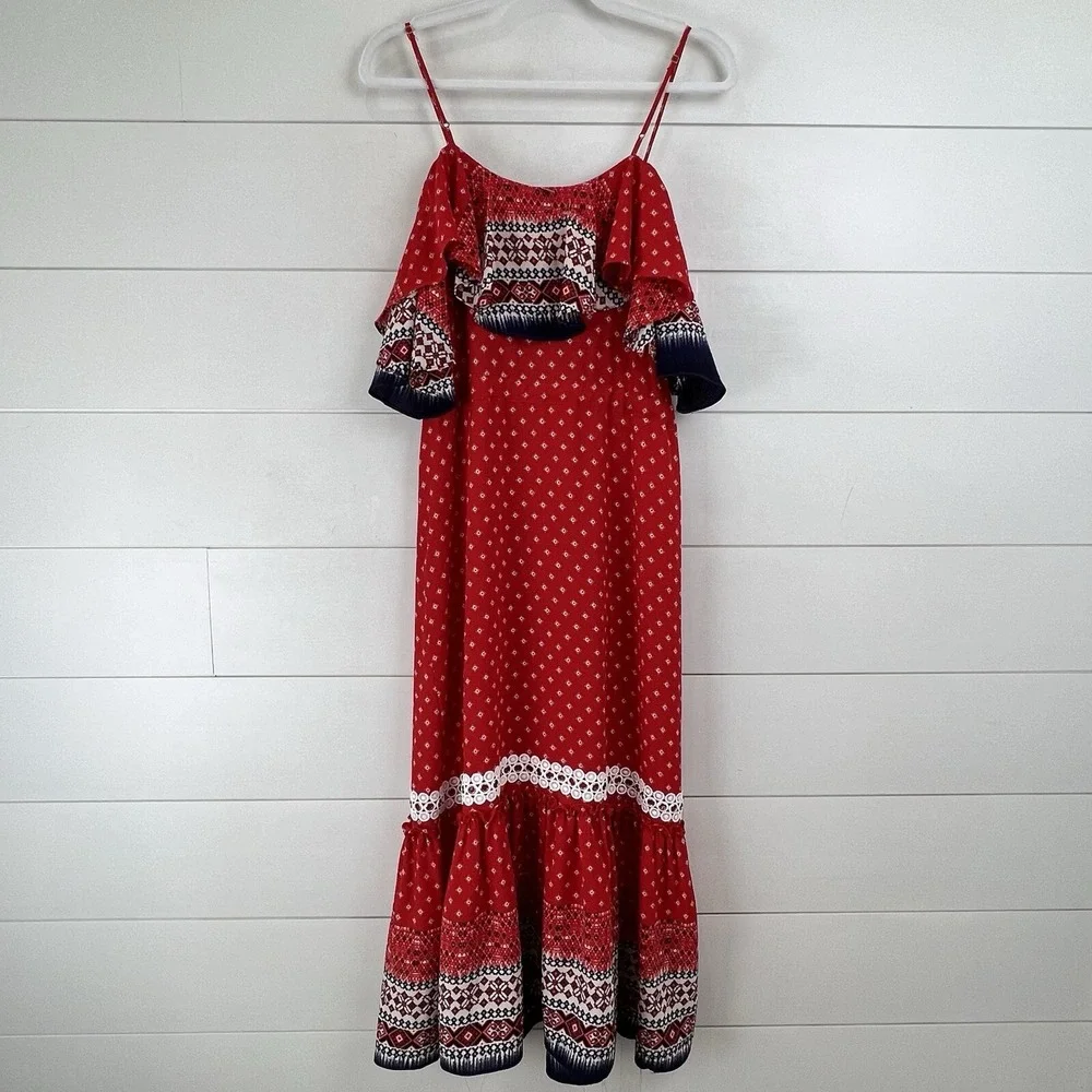 NWT‎ MISA Los Angeles Larsen Midi Dress Women XS Red Boho Cold Shoulder Ruffle